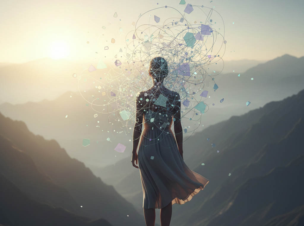 Ilustración conceptual de una mujer frente a un paisaje de montañas al amanecer, simbolizando la salud mental y la superación de la anorexia y el TCA en Bilbao.