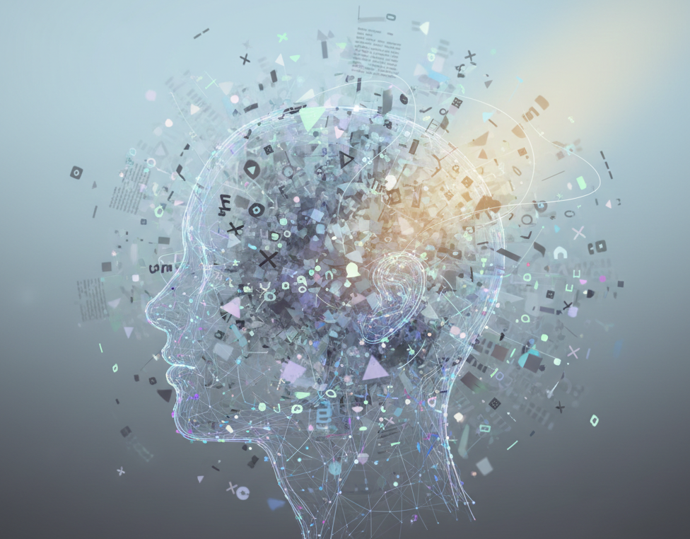 Ilustración conceptual de una silueta humana rodeada de fragmentos de información digital, representando el estrés, la falta de concentración y la sobrecarga cognitiva en adultos y jóvenes de Bilbao.